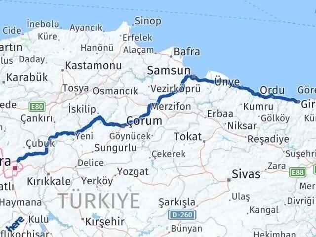 Ankara Pursaklar Giresun Arası Kaç Km - Yol Haritası