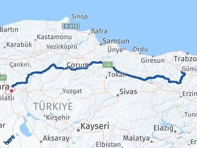 Ankara Pursaklar Gümüşhane Arası Kaç Km - Yol Haritası