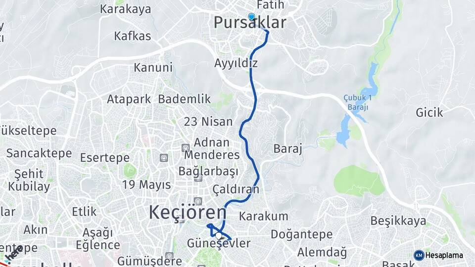 Ankara Pursaklar Güneşevler Altındağ Arası Kaç Km - Yol Haritası