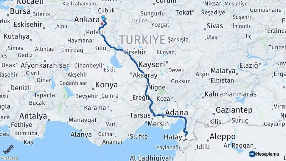 Ankara Pursaklar Hatay Arası Kaç Km - Yol Haritası