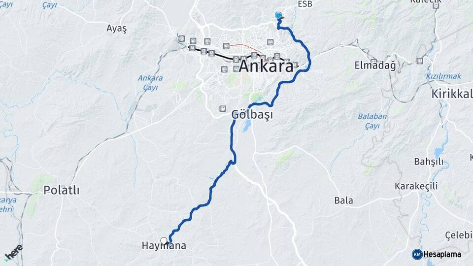 Ankara Pursaklar Haymana Arası Kaç Km - Yol Haritası