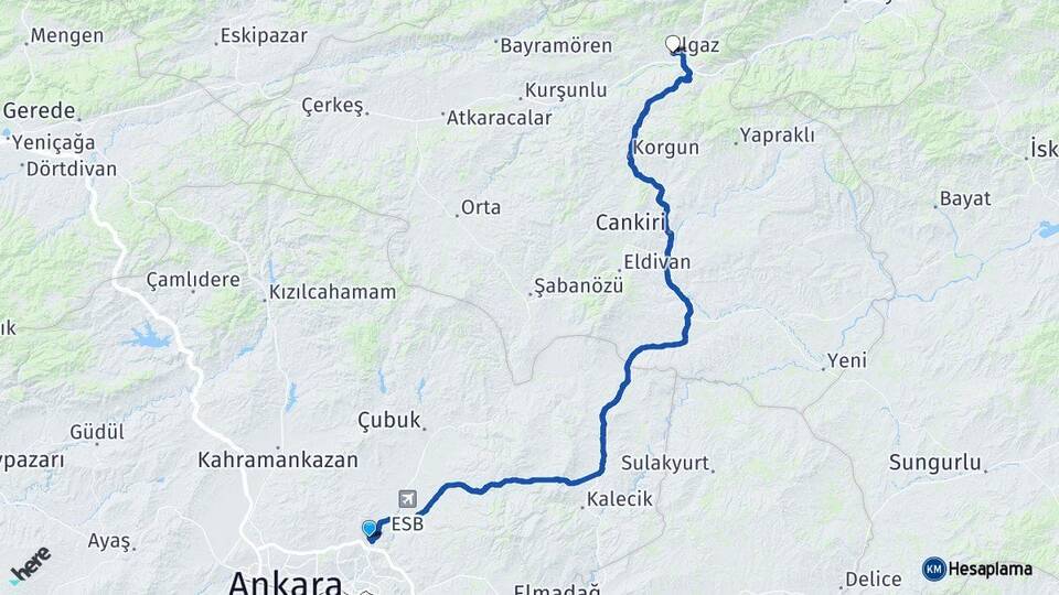Ankara Pursaklar Ilgaz Çankırı Arası Kaç Km - Yol Haritası