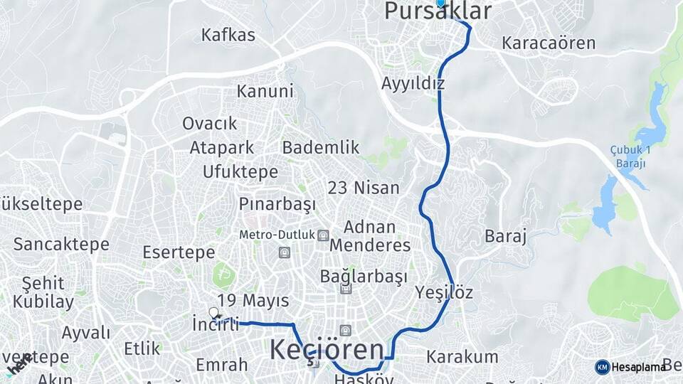 Ankara Pursaklar İncirli Keçiören Arası Kaç Km - Yol Haritası