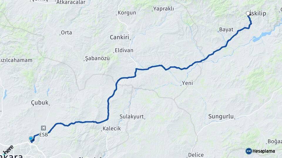Ankara Pursaklar İskilip Çorum Arası Kaç Km - Yol Haritası