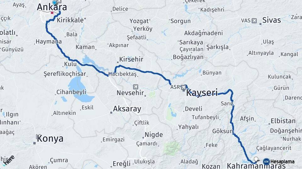 Ankara Pursaklar Kahramanmaraş Arası Kaç Km - Yol Haritası