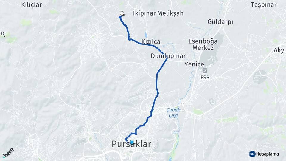 Ankara Pursaklar Karaköy Pursaklar Arası Kaç Km - Yol Haritası