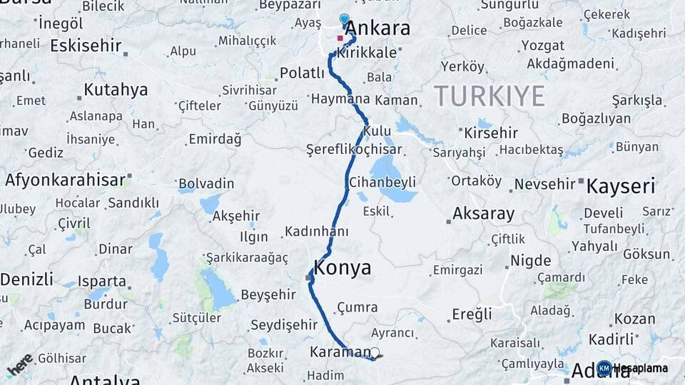 Ankara Pursaklar Karaman Arası Kaç Km - Yol Haritası