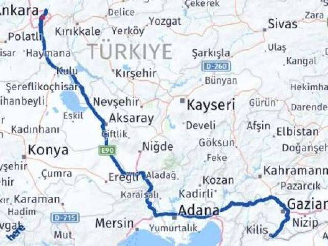 Ankara Pursaklar Kilis Arası Kaç Km - Yol Haritası