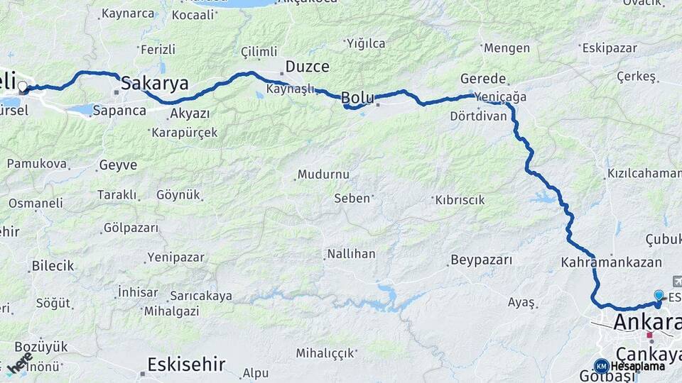 Ankara Pursaklar Kocaeli Arası Kaç Km - Yol Haritası