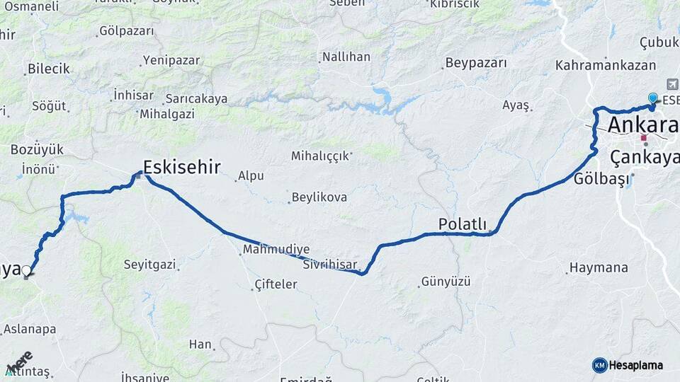 Ankara Pursaklar Kütahya Arası Kaç Km - Yol Haritası