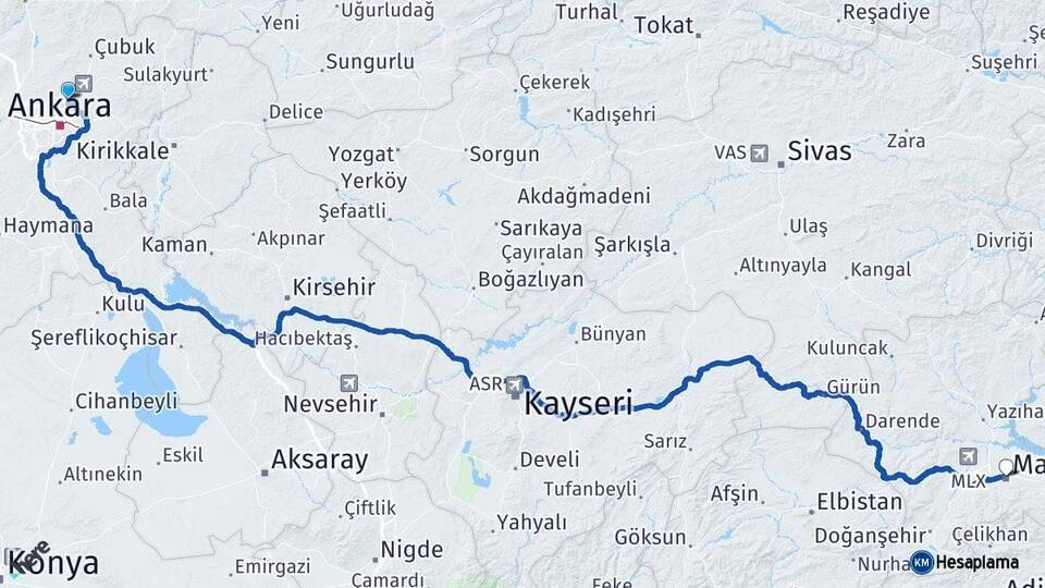 Ankara Pursaklar Malatya Arası Kaç Km - Yol Haritası