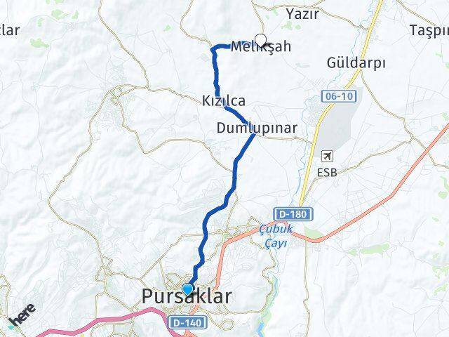 Ankara Pursaklar Melikşah Çubuk Arası Kaç Km - Yol Haritası