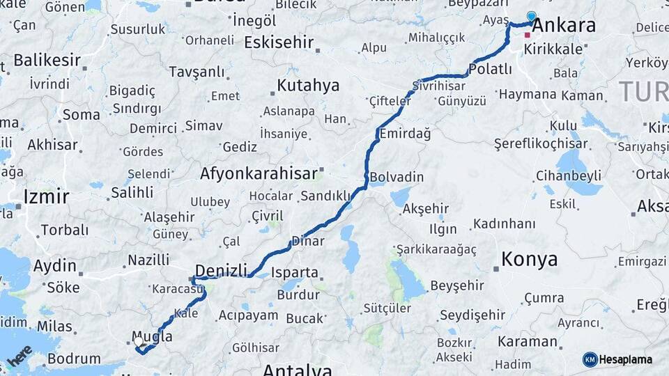 Ankara Pursaklar Muğla Arası Kaç Km - Yol Haritası