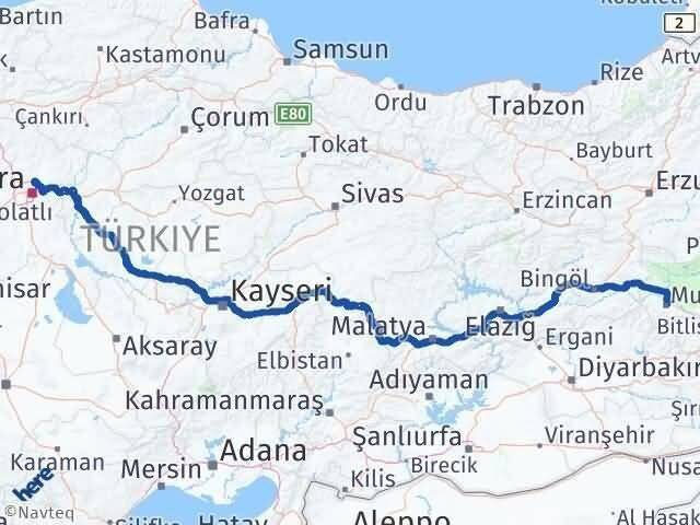 Ankara Pursaklar Muş Arası Kaç Km - Yol Haritası