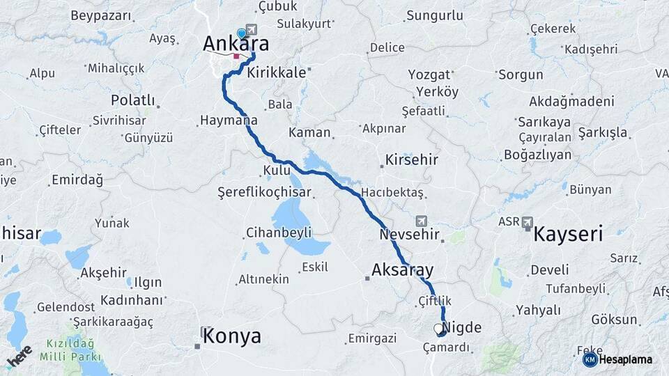 Ankara Pursaklar Niğde Arası Kaç Km - Yol Haritası