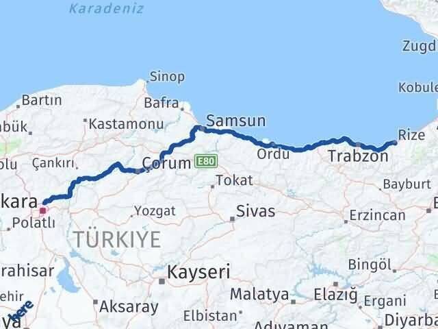 Ankara Pursaklar Rize Arası Kaç Km - Yol Haritası