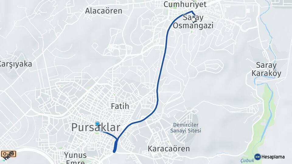 Ankara Pursaklar Saray Osmangazi Pursaklar Arası Kaç Km - Yol Haritası