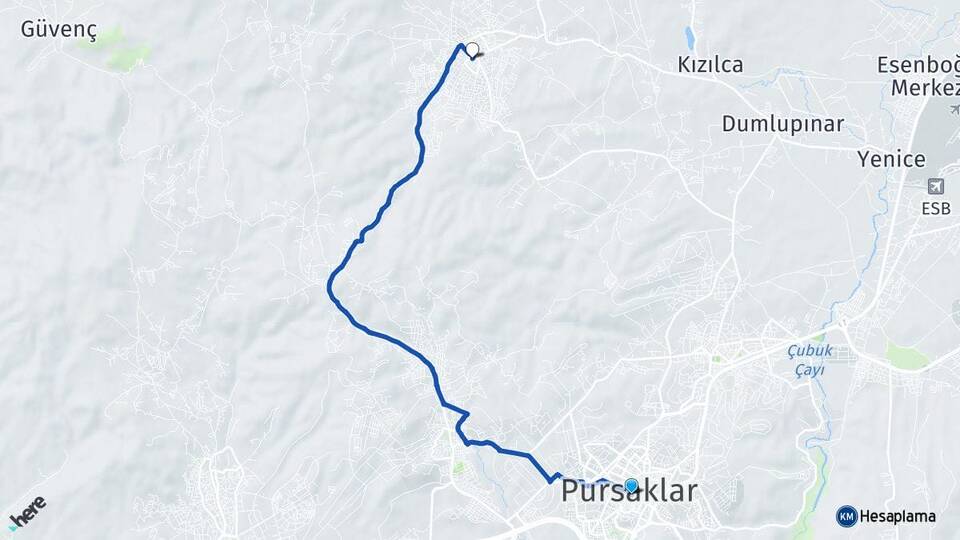 Ankara Pursaklar Sirkeli Yeşilova Pursaklar Arası Kaç Km - Yol Haritası