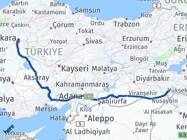 Ankara Pursaklar Şırnak Arası Kaç Km - Yol Haritası