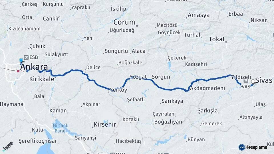 Ankara Pursaklar Sivas Arası Kaç Km - Yol Haritası