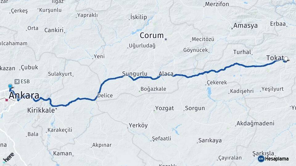 Ankara Pursaklar Tokat Arası Kaç Km - Yol Haritası