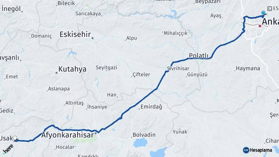 Ankara Pursaklar Uşak Arası Kaç Km - Yol Haritası