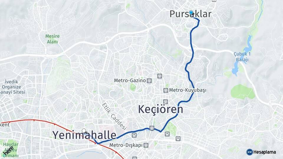 Ankara Pursaklar Yenimahalle Arası Kaç Km - Yol Haritası