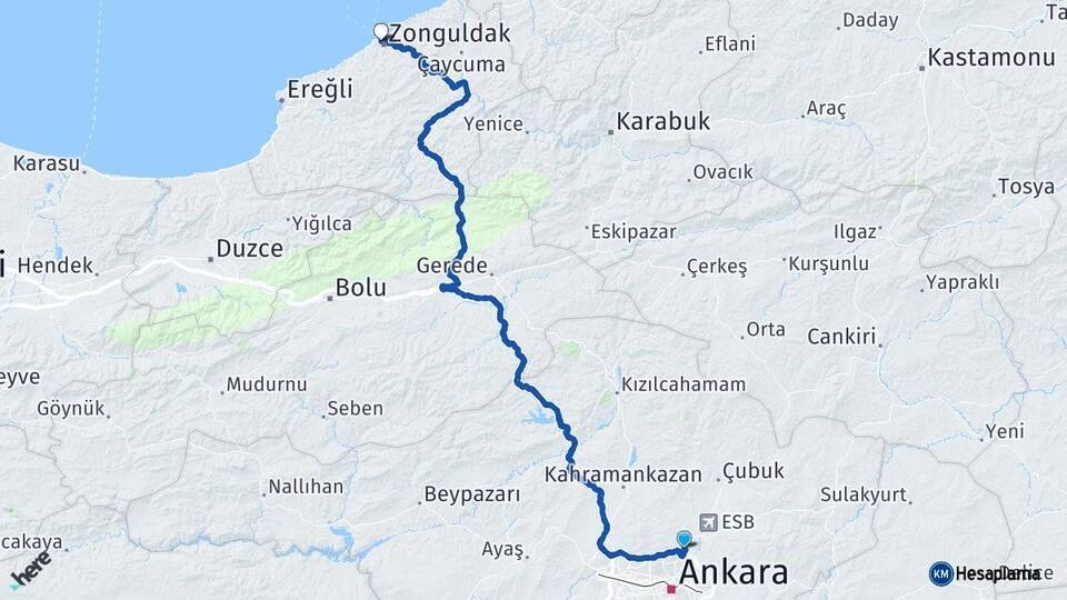 Ankara Pursaklar Zonguldak Arası Kaç Km - Yol Haritası