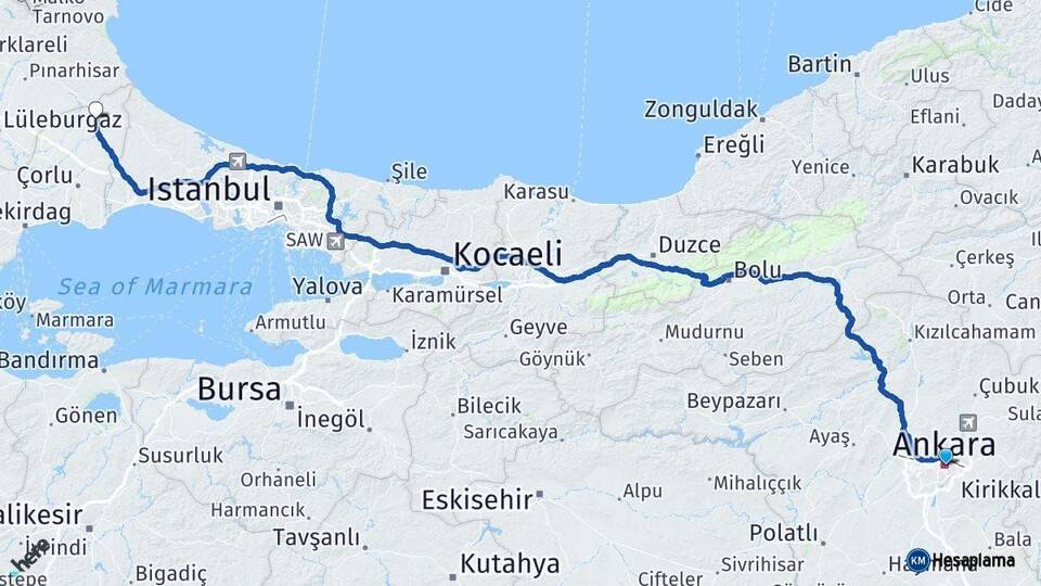 Ankara Saray Tekirdağ Arası Kaç Km - Yol Haritası