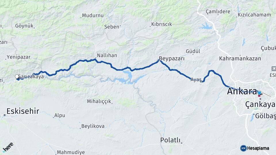 Ankara Sarıcakaya Eskişehir Arası Kaç Km - Yol Haritası