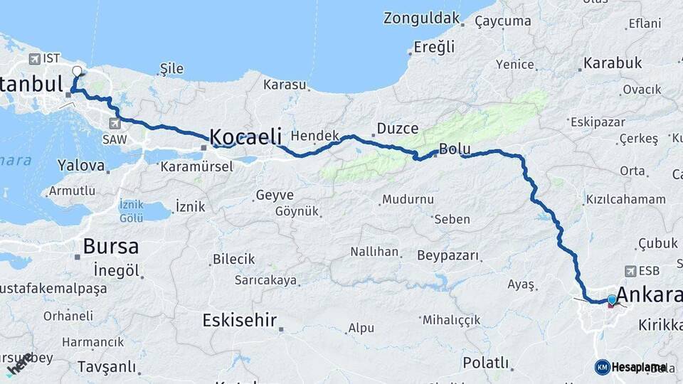 Ankara Sarıyer İstanbul Arası Kaç Km - Yol Haritası