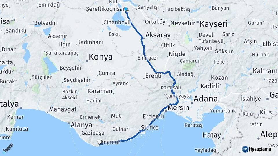 Ankara Şereflikoçhisar Anamur Mersin Arası Kaç Km - Yol Haritası