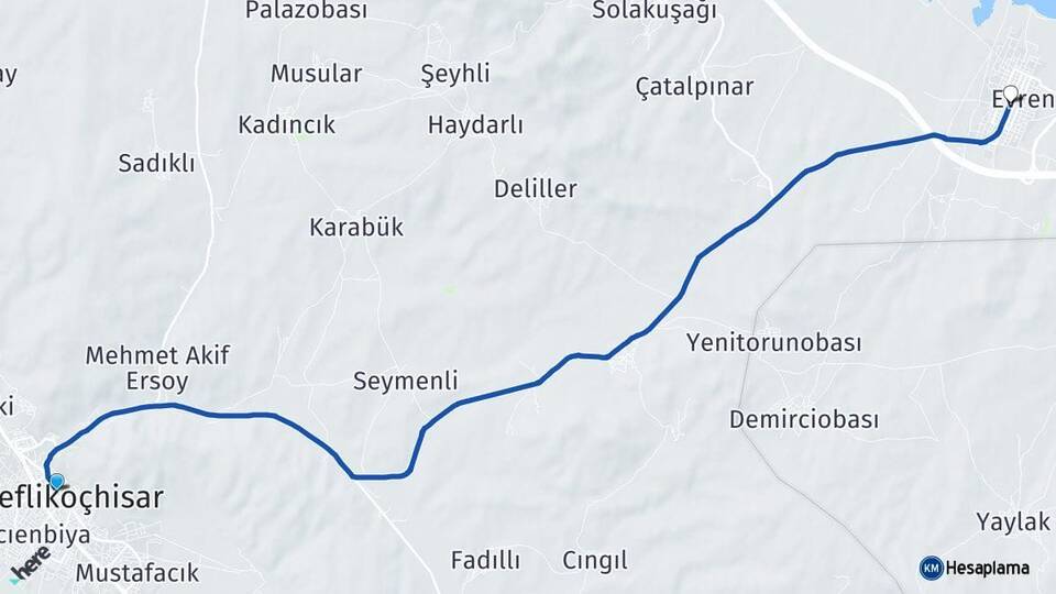 Ankara Şereflikoçhisar Evren Arası Kaç Km - Yol Haritası
