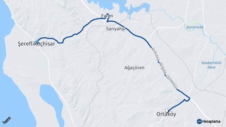 Ankara Şereflikoçhisar Ortaköy Aksaray Arası Kaç Km - Yol Haritası