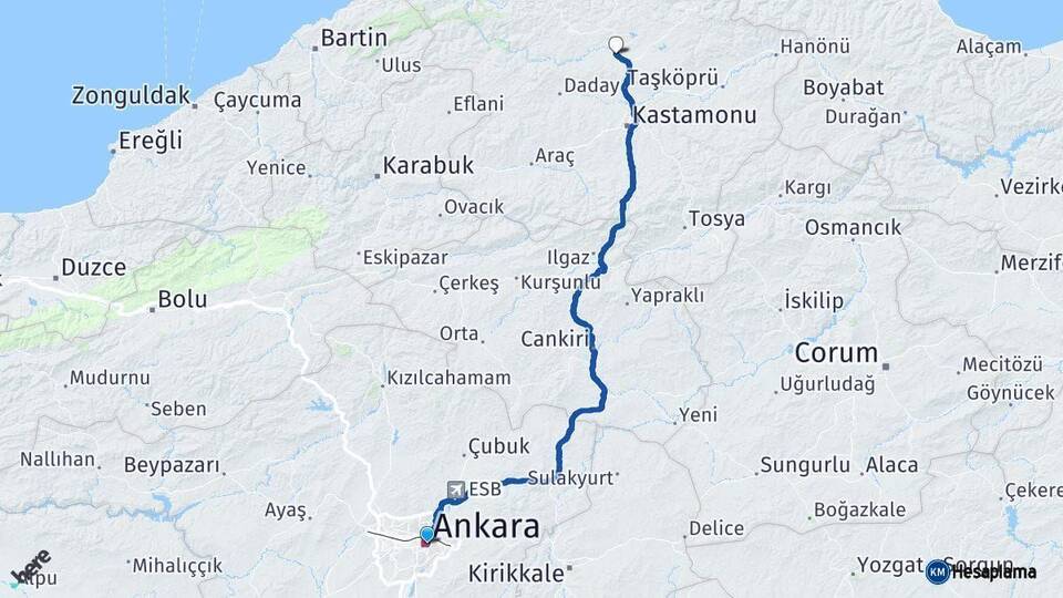 Ankara Seydiler Kastamonu Arası Kaç Km - Yol Haritası