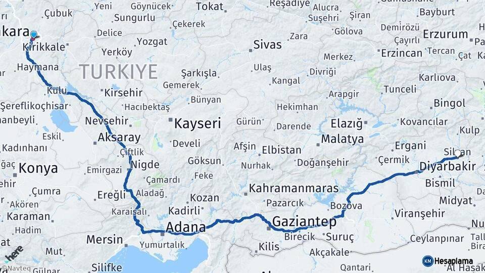 Ankara Silvan Diyarbakır Arası Kaç Km - Yol Haritası