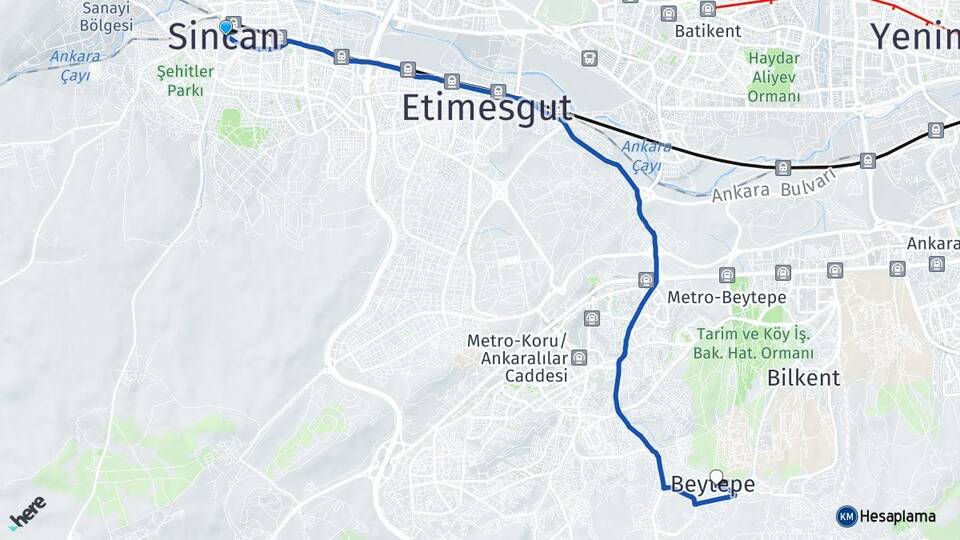 Ankara Sincan Beytepe Çankaya Arası Kaç Km - Yol Haritası