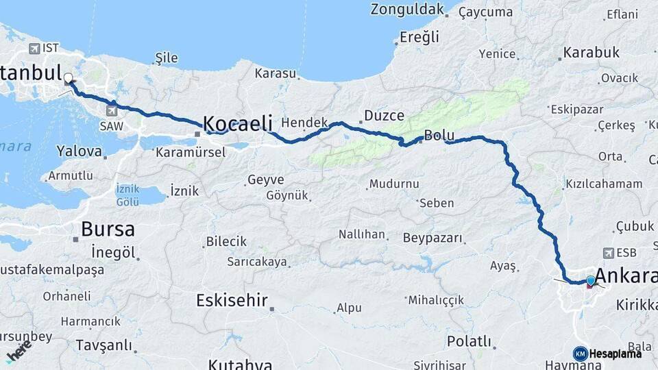 Ankara Şişli İstanbul Arası Kaç Km - Yol Haritası