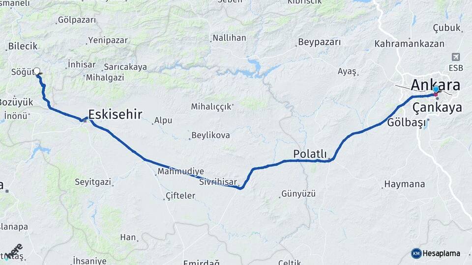 Ankara Söğüt Bilecik Arası Kaç Km - Yol Haritası