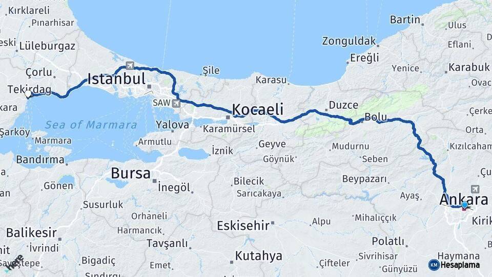 Ankara Süleymanpaşa Tekirdağ Arası Kaç Km - Yol Haritası
