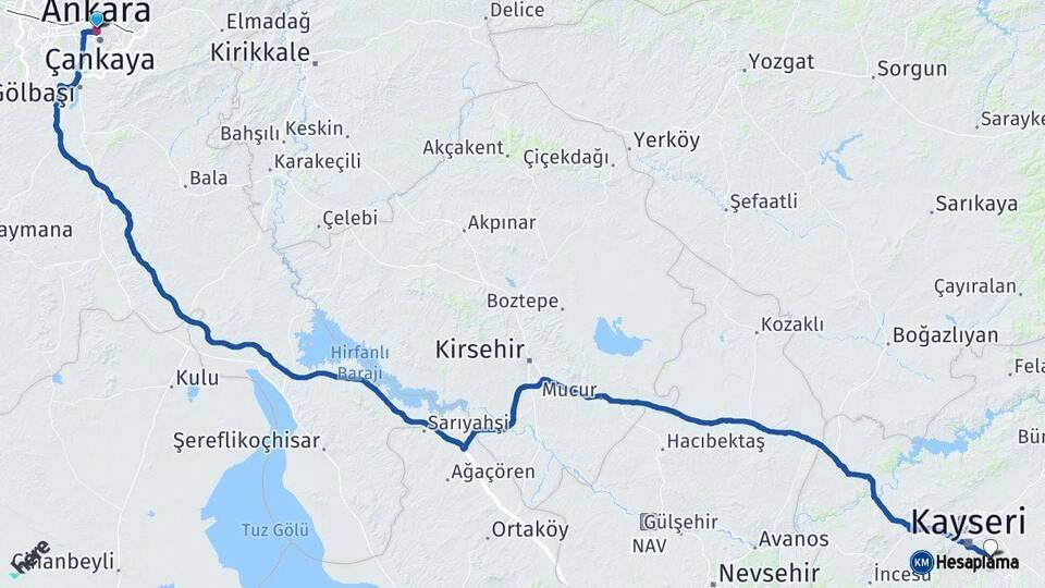 Ankara Talas Kayseri Arası Kaç Km - Yol Haritası