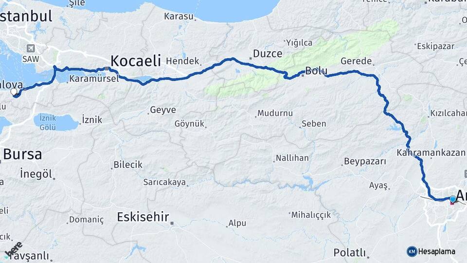Ankara Termal Yalova Arası Kaç Km - Yol Haritası
