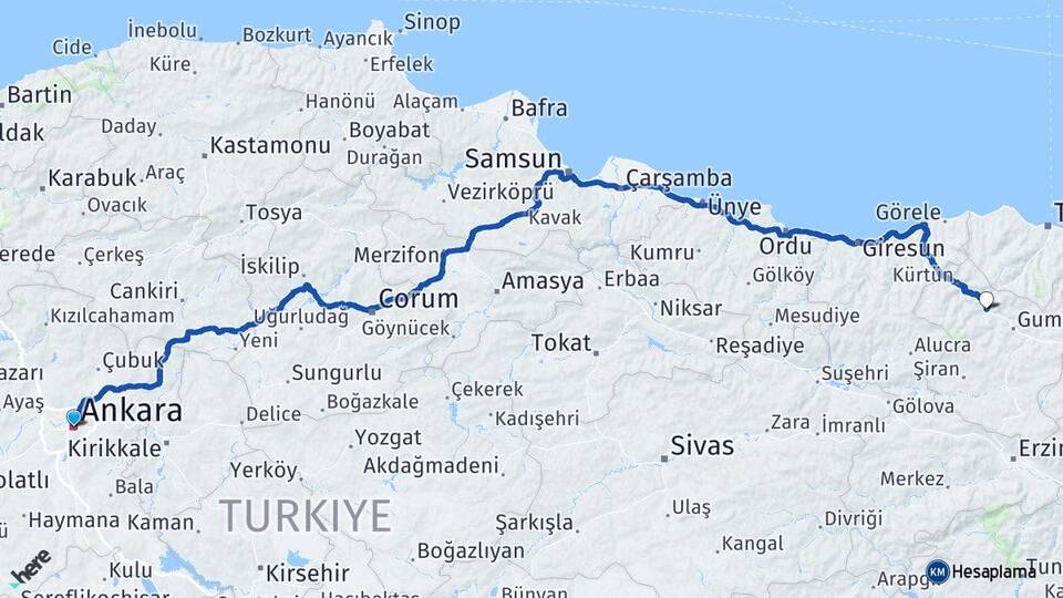 Ankara Torul Gümüşhane Arası Kaç Km - Yol Haritası
