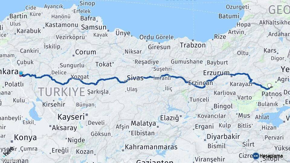 Ankara Tutak Ağrı Arası Kaç Km - Yol Haritası
