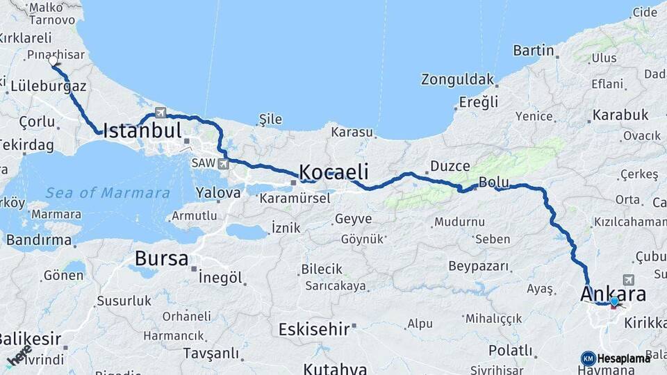Ankara Vize Kırklareli Arası Kaç Km - Yol Haritası