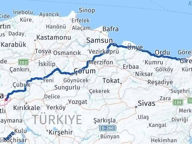 Ankara Yağlıdere Giresun Arası Kaç Km - Yol Haritası