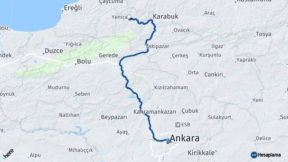 Ankara Yenice Karabük Arası Kaç Km - Yol Haritası