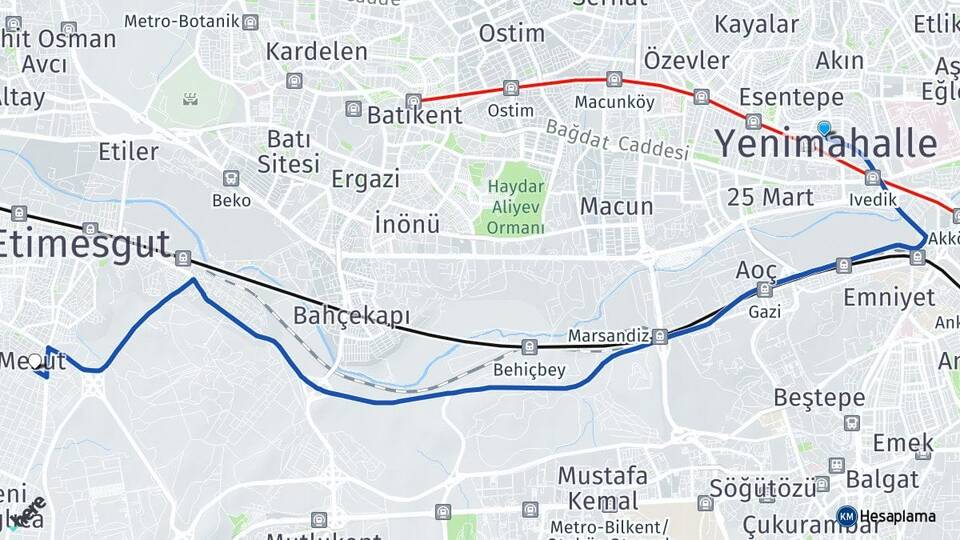 Ankara Yenimahalle Alsancak Etimesgut Arası Kaç Km - Yol Haritası