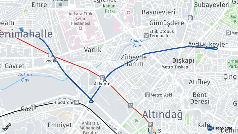Ankara Yenimahalle Aydınlıkevler Altındağ Arası Kaç Km - Yol Haritası
