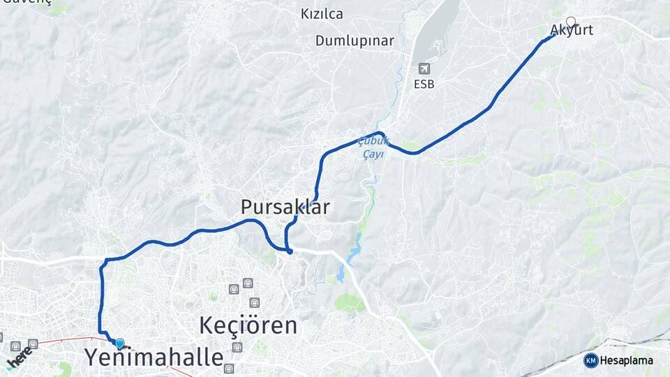 Ankara Yenimahalle Demetevler Akyurt Arası Kaç Km - Yol Haritası